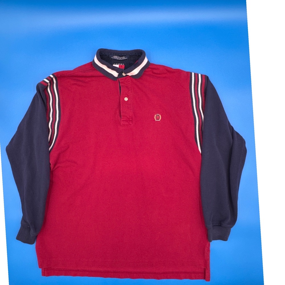 Tommy Hilfiger Mens Polo Shirt Long Sleeve Red‎ Blue Striped Medium M